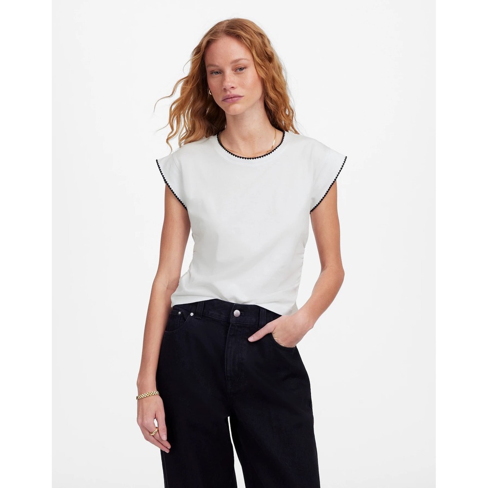 Madewell Side-Cinch Muscle‎ Tee Cap Sleeve Top XS Black Trim Tencel Cotton NWT
